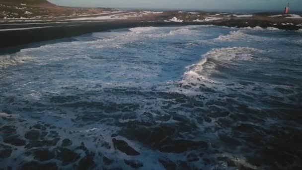 Aerial View Beautiful Ocean Shoreline Lighthouse Daytime Iceland — Stock Video