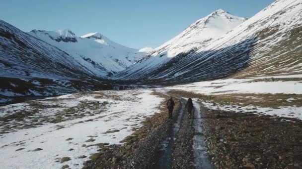 アイスランドで大規模な山へのパスに沿って人々 ハイキングの航空写真 — ストック動画