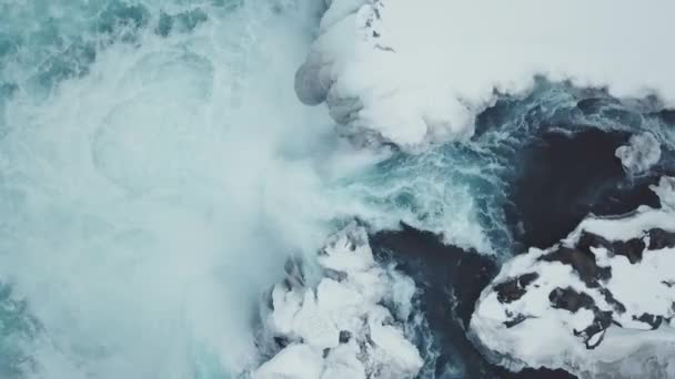 Vista Aérea Las Hermosas Cascadas Invierno Godafoss Durante Día Islandia — Vídeos de Stock