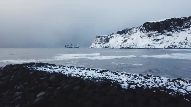 Aerial View Beautiful Ocean Basalt Rock Formations Daytime Iceland — Stock Video