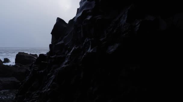 Blick Auf Basaltfelsformationen Trolle Zehen Schwarzem Sandstrand Island — Stockvideo