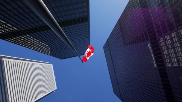 Girando Alrededor Edificios Oficinas Altos Centro Con Bandera Canadiense Alta — Vídeo de stock