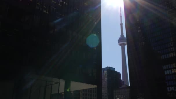 Tower Двумя Высокими Офисными Зданиями Центре Города Солнечный День — стоковое видео