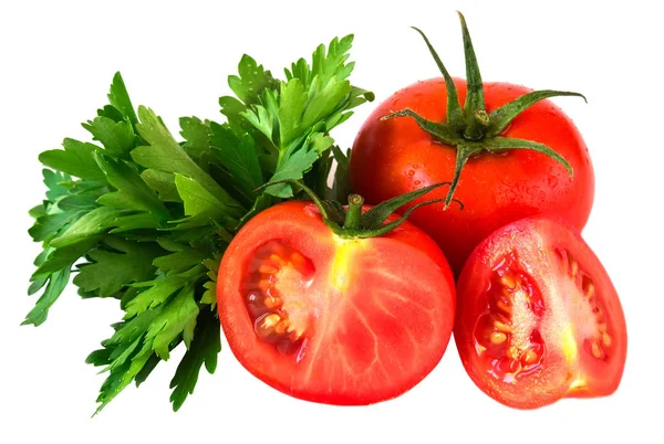 Köstliche frische rote Tomaten mit Petersilienblättern auf weißem Hintergrund Stockbild