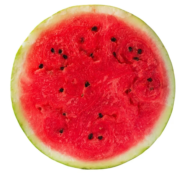 Reife Wassermelone in einem Schnitt auf einem isolierten weißen Hintergrund Stockfoto