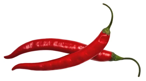 Dojrzałe czerwone papryki chili w formie nożyczki na na białym tle bez cienia — Zdjęcie stockowe