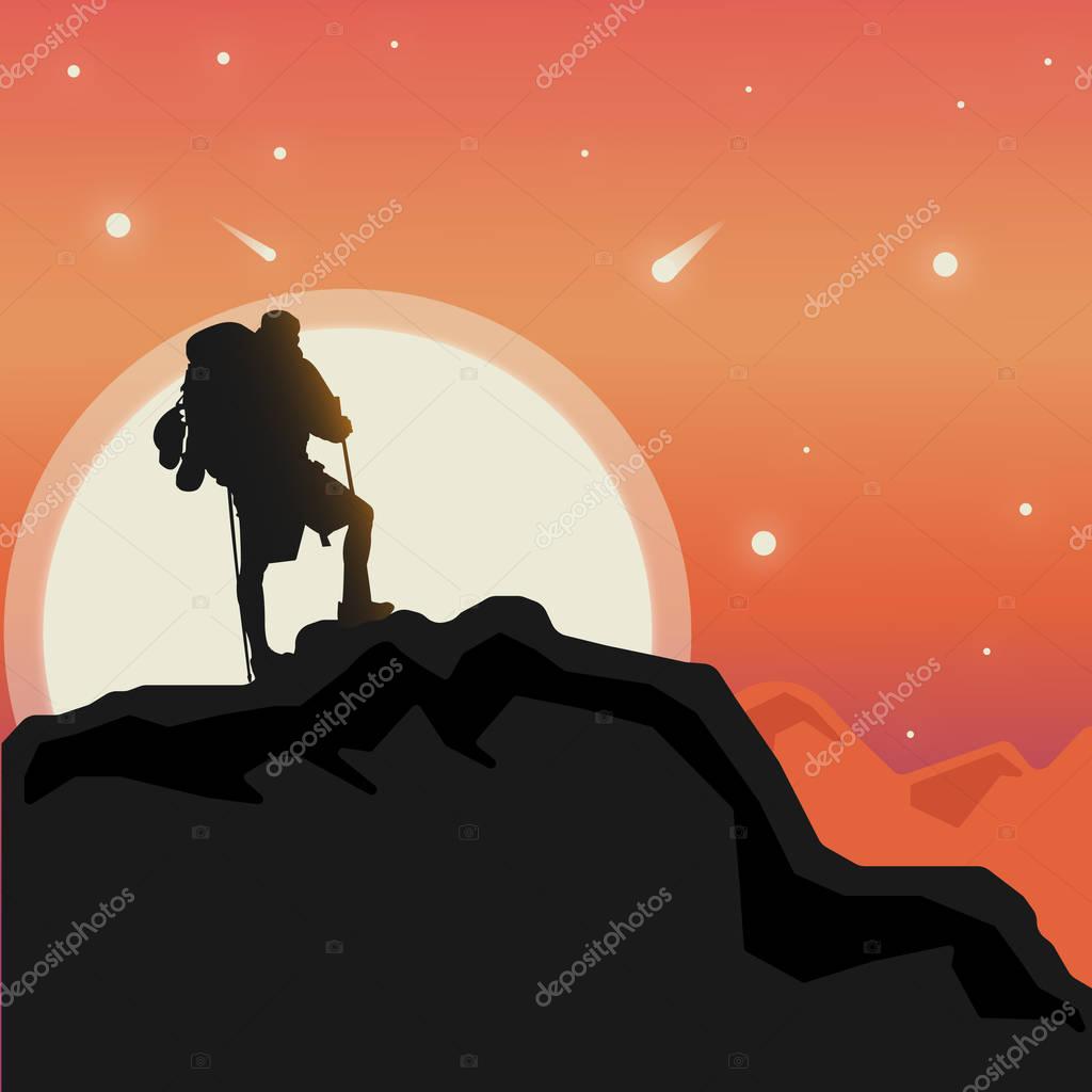 Silhoutte of advanturer men climbing peak of a mountain illustration design