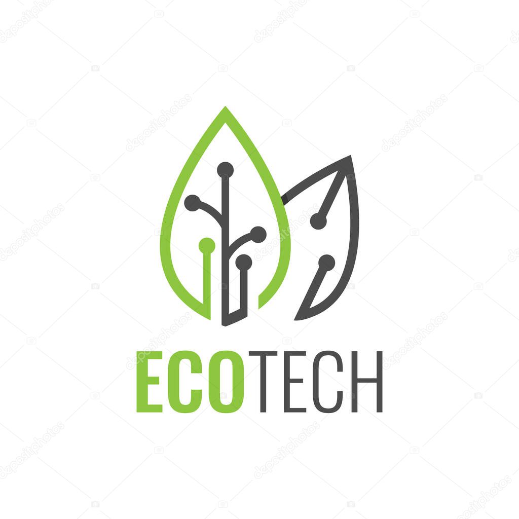 Green eco technology logo vector design image. Nature technology logo with leaf and circuit tech image vector illustration