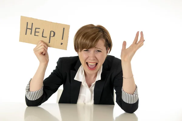 Young Beautiful Red Haired Caucasian Business Woman Overwhelmed Desperate Holding — Stock Photo, Image