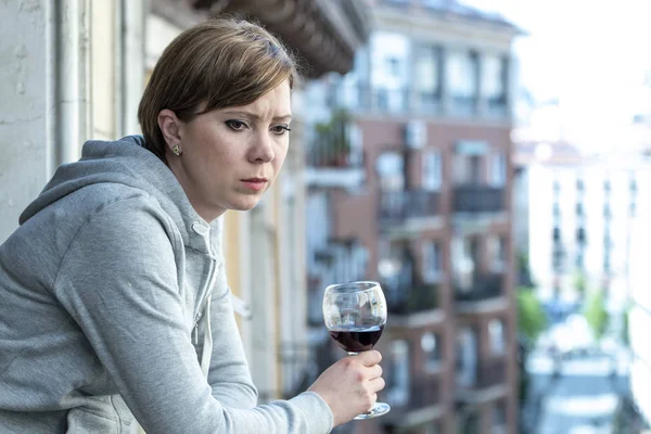 Beautiful Red Haired Caucasian Woman Suffering Depression Holding Glass Wine — Stock Photo, Image