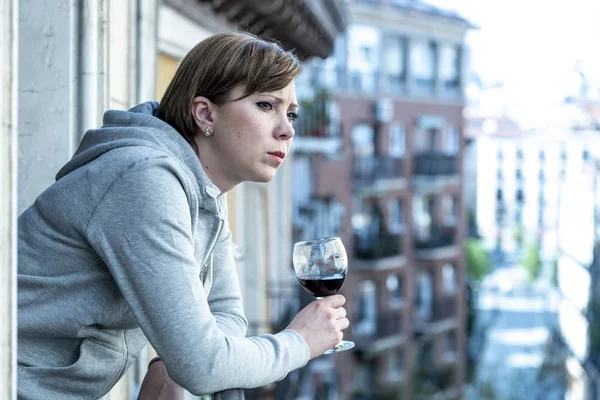 Beautiful Red Haired Caucasian Woman Suffering Depression Holding Glass Wine — Stock Photo, Image