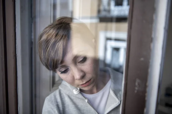 Young Beautiful Depressed Unhappy Caucasian Woman Looking Worried Sad Window — Stock Photo, Image