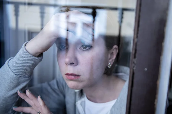 Young Beautiful Depressed Unhappy Caucasian Woman Looking Worried Sad Window — Stock Photo, Image