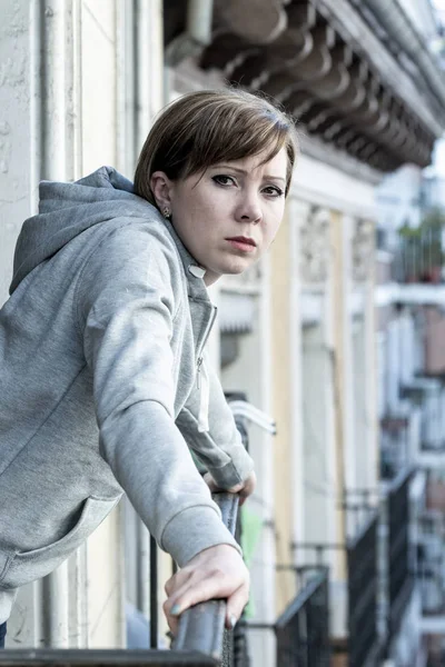 Young Beautiful Unhappy Depressed Lonely Caucasian Woman Looking Sad Balcony — Stock Photo, Image