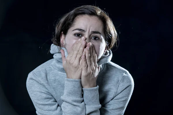 Close Young Beautiful Latin Woman Scared Nervous Black Background Negative — Stock Photo, Image