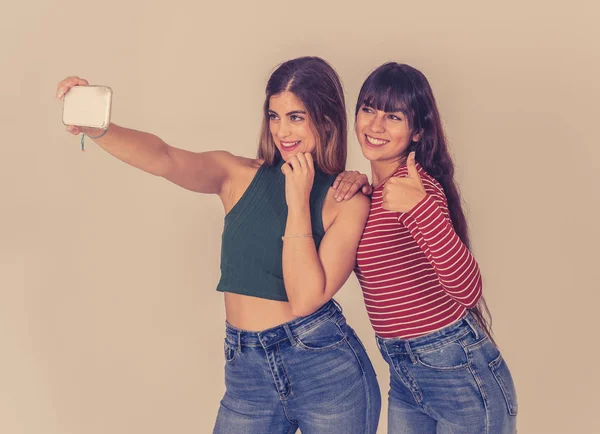 Two Beautiful Happy Girlfriends Taking Selfies Recording Video Blog Social — Stock Photo, Image