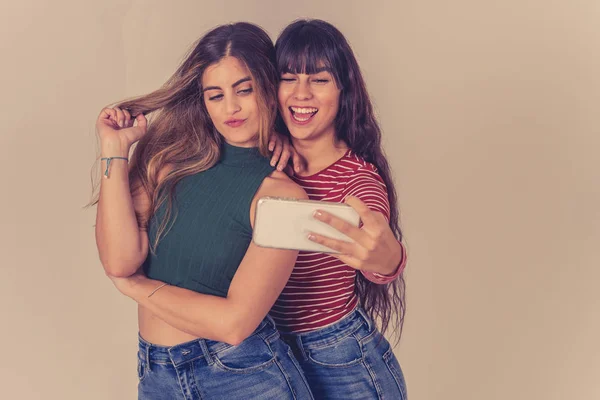 Two Beautiful Happy Girlfriends Taking Selfies Recording Video Blog Social — Stock Photo, Image