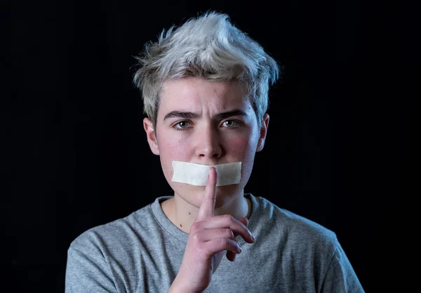 Conceptual Image Censorship Social Taboo Transgender Teenager Man Mouth Sealed — Stock Photo, Image