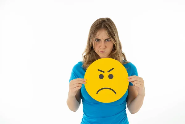 Aantrekkelijke Jonge Vrouw Met Een Boos Gezicht Emoji Emoticon Symbool — Stockfoto