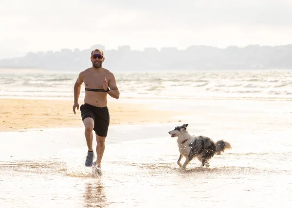 Sport Man Kör Med Hundar Och Träning Med Pulsmätare Hund — Stockfoto