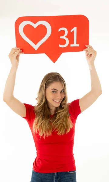 Mujer Atractiva Sosteniendo Símbolo Del Corazón Gusta Encanta Icono Notificación —  Fotos de Stock