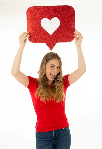 Mujer Atractiva Sosteniendo Símbolo Del Corazón Gusta Encanta Icono Notificación —  Fotos de Stock