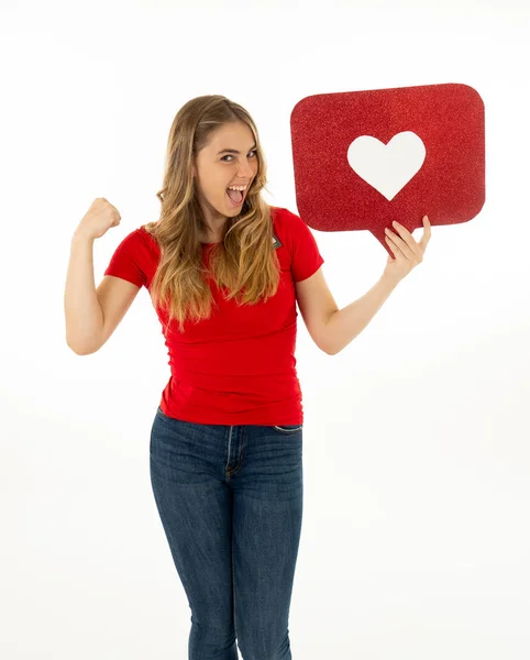 Attraktive Frau Mit Herz Symbol Für Likes Und Liebe Social — Stockfoto