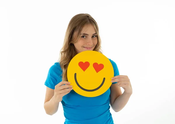Mujer Joven Atractiva Sosteniendo Corazón Ojos Amor Cara Emoji Sentirse —  Fotos de Stock