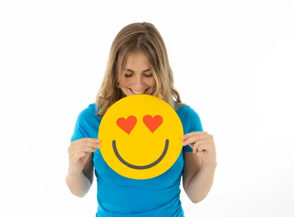 Aantrekkelijke Jonge Vrouw Met Een Hearts Eyes Love Gezicht Emoji — Stockfoto