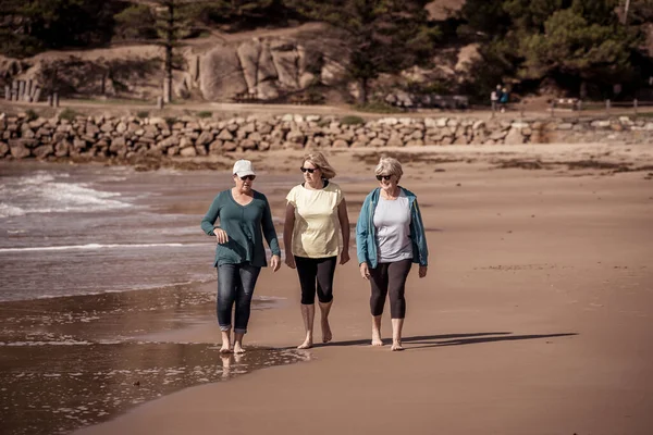 Charmant Groupe Trois Femmes Âgées Actives Dans Soixantaine Marchant Faisant — Photo