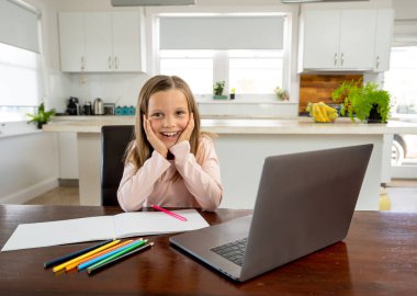 Coronavirus Outbreak. Lockdown and school closures. Schoolgirl watching online education class, happy talking with teacher on the internet at home. COVID-19 pandemic forces children online learning. clipart