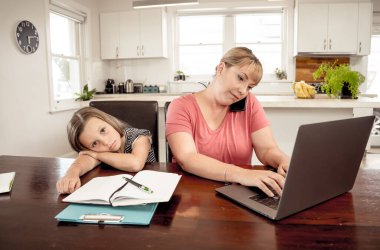Coronavirus Outbreak schools and offices closing. Stressed mother coping with remote work and bored daughter. COVID-19 shutdowns and quarantines forces parents to work from home and homeschooling. clipart