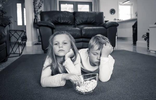 Coronavirus Lockdow Bored Little Girl Sad Boy Watching Isolation Home — Stock Photo, Image