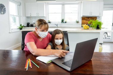 Coronavirus salgını. Kilitlenme ve okul kapanması. Anne, yüz maskeli sıkılmış kızının evde online ders çalışmasına yardım ediyor. COVID-19 salgını çocukları ve öğretmenleri çevrimiçi öğrenmeye zorluyor.