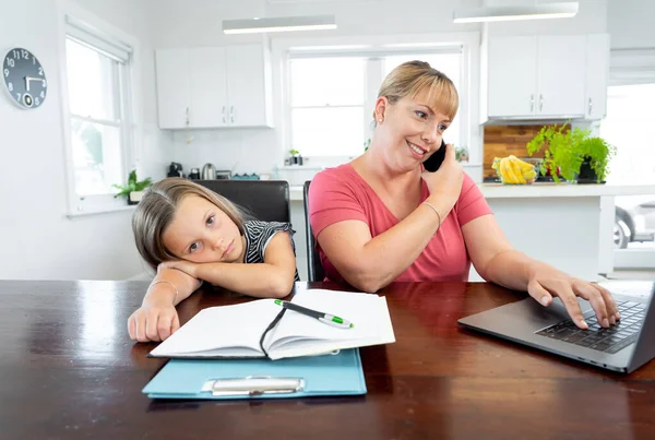 Coronavirus Outbreak schools and offices closing. Stressed mother coping with remote work and bored daughter. COVID-19 shutdowns and quarantines forces parents to work from home and homeschooling.