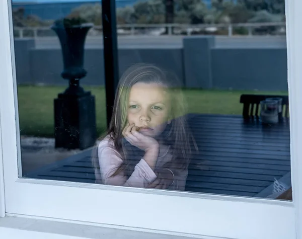 Covid Lockdowns Depressed Lonely Little Girl Looking Window Quarantine Child — Stock Photo, Image