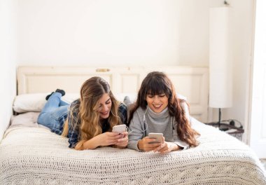 COVID-19, evde kal. Bağlantıda kal. Coronavirus tecridi ve sosyal uzaklık süresince cep telefonuyla oynayan, video araması yapan, arkadaşlarıyla sohbet eden ya da internetteki grup evi partisinde mutlu kadın arkadaşlar..