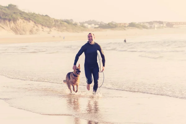 Surfer Having Fun Best Friend German Shepherd Running Playing Dog — Stock Photo, Image