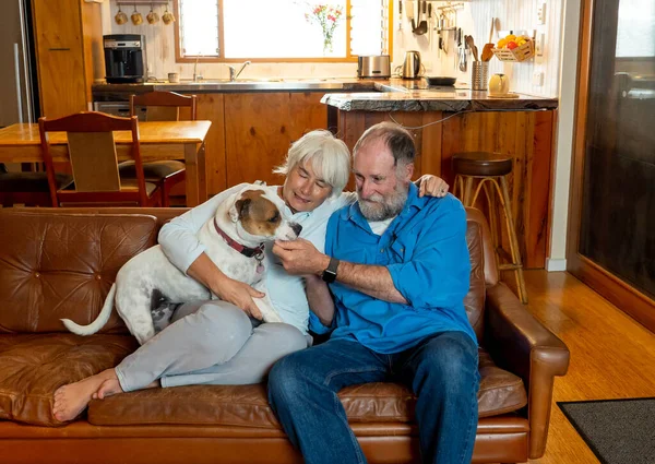 Уверенная Старшая Пара Расслабляющая Любящая Свою Милую Собаку Наслаждаясь Жизнью — стоковое фото
