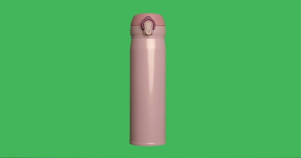 緑色の画面クロマキーの背景にホットドリンクと孤立したピンクのサーモス 360度ループ回転ショット — ストック動画