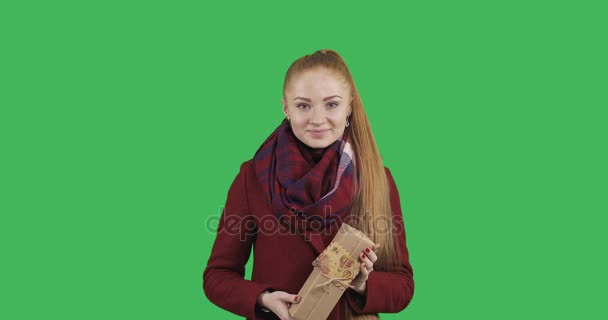 Young Woman Long Red Hair Gives Gift Somebody Green Chroma — Stock Video