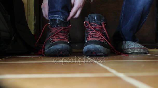 Man Hands Tie Laces Put Shoes — Stock Video