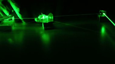 Sürekli dalga yeşil lazer optik bileşenleri yayar. Emanet lazer. Göz için tehlike. 