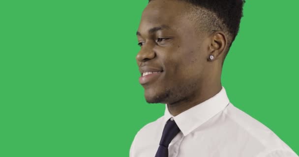 Young Afro Businessman Thermos Smiles Green Chroma Key Background — Stock Video