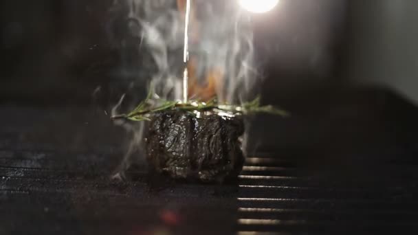 The meat with sprig of rosemary in a fire. Its frying on a grill, smoke rising up in back light. — Stock Video