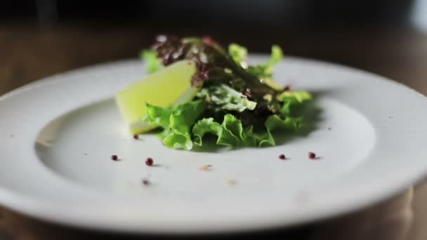 Een vers gebakken rode vis biefstuk op witte bord — Stockvideo