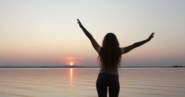 Silhouette of a girl with long curly hair dancing on the seashore — Stock Video