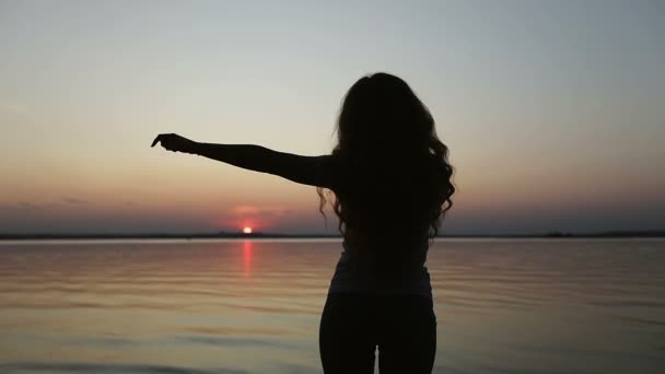 Arkadan bak. Genç bir kadın gün batımında dans ediyor.. — Stok video