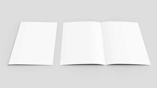Бі-складання брошури макет вгору ізольовано на м'якому сірому фоні. 3D іл — стокове фото