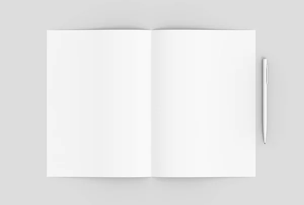 Gefaltetes leeres Papier mit Bleistift auf weichem grauen Hintergrund. 3d illus — Stockfoto